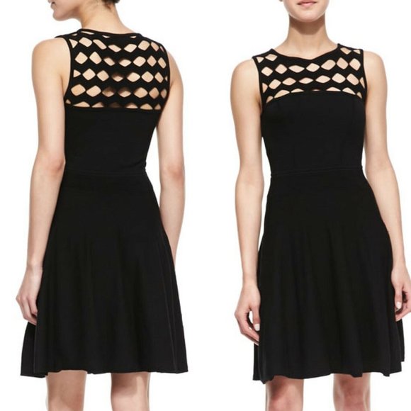 Milly Open Yoke Fit and Flare Knit Dress Black Mini Party Womens Size Small - Picture 1 of 6